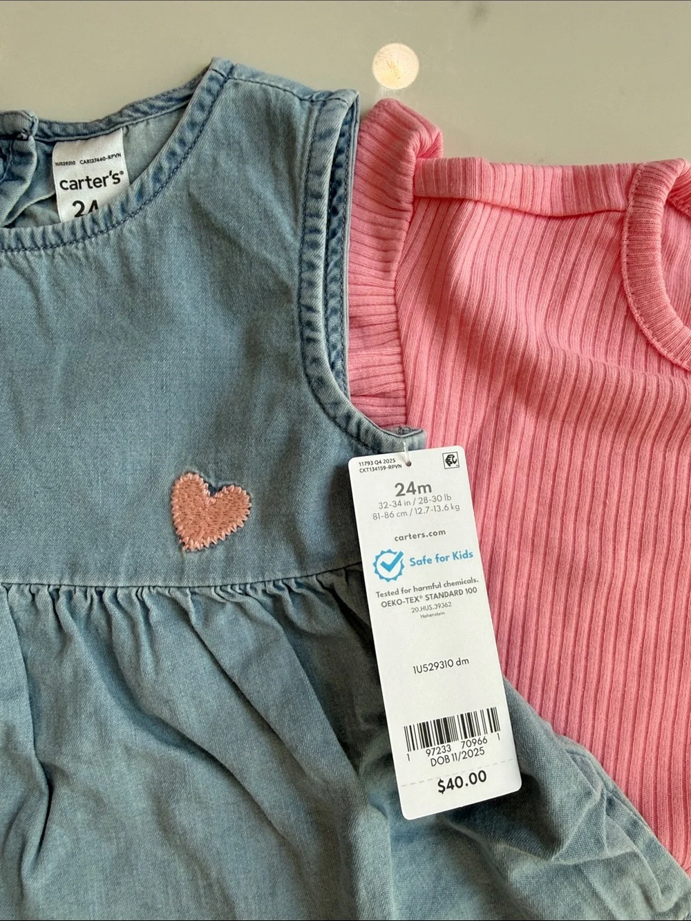 NWT Carter's Pink & Denim Ruffle Romper Set with Cherry Embroidery